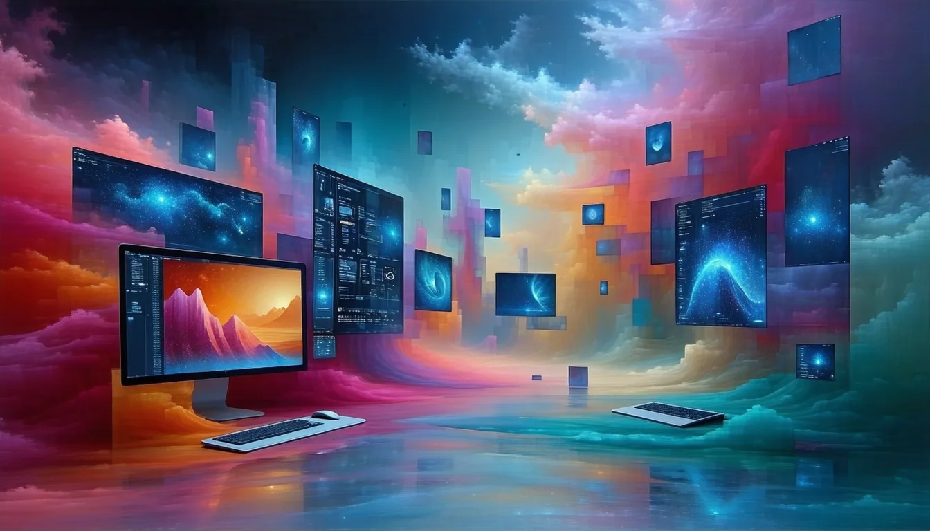 Surreal picture of computer screens floating in the clouds.